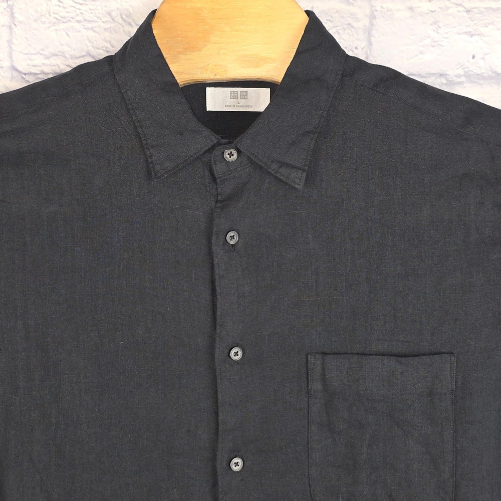 NWOT Uniqlo Men Button Down Shirt Black 100% Linen Long Sleeve Size Large